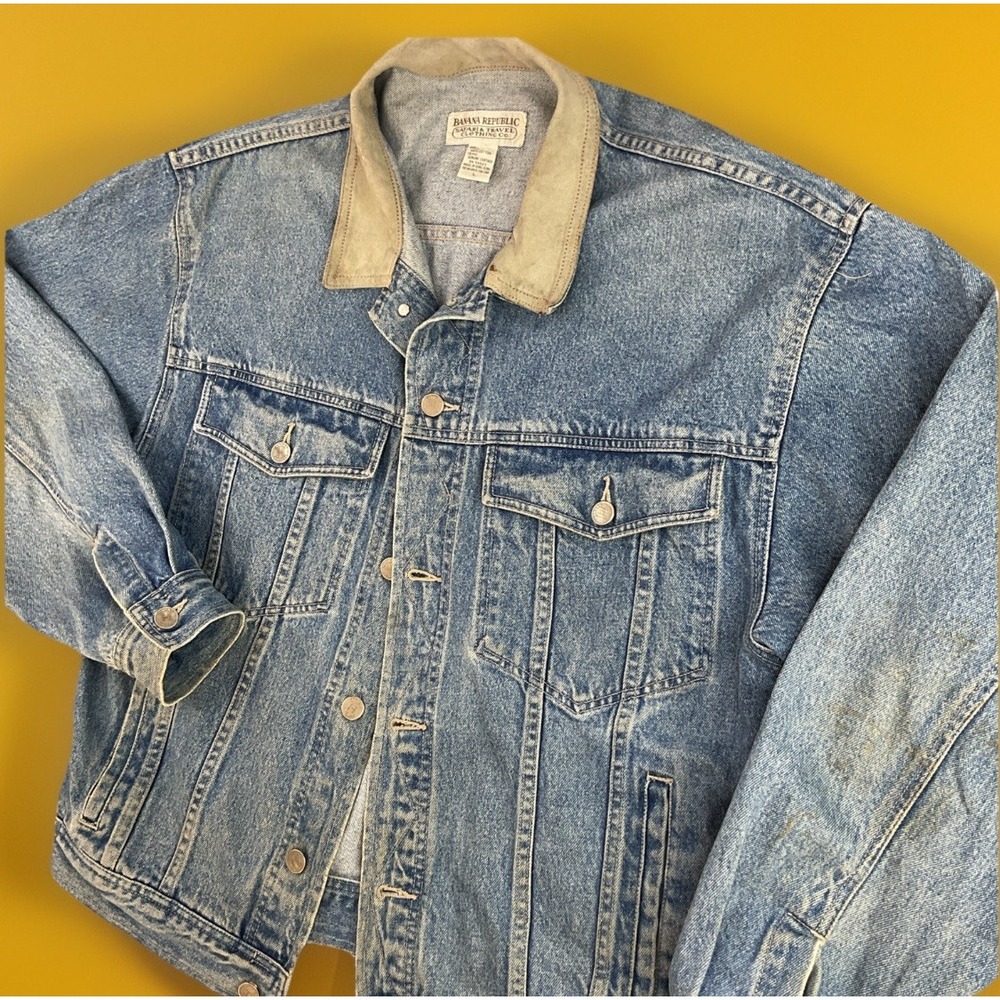 VTG Banana Republic‎ Safari Travel Jean Jacket 90s Denim Leather Trim Trucker L - Picture 2 of 16